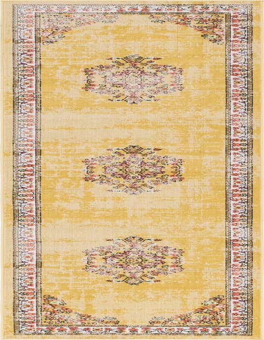 A 10 ft yellow runner rug with a distressed Bohemian medallion pattern and floral border, ideal for a hallway.