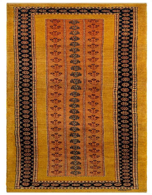 A 9 ft yellow and gold Persian runner rug with a central orange panel featuring floral motifs, ideal for a hallway.