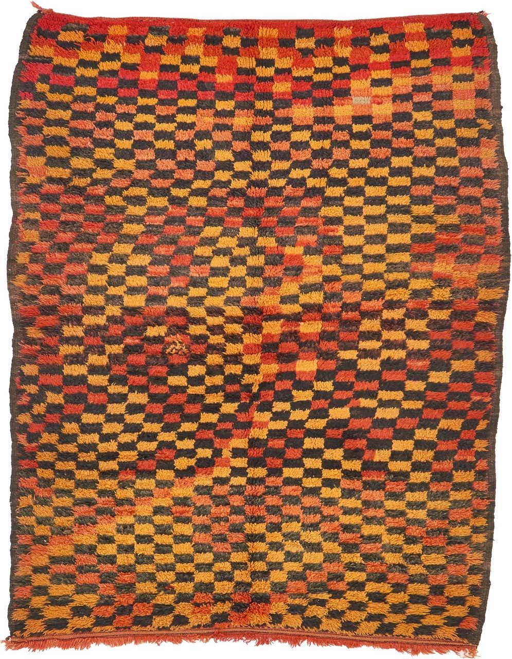 A vibrant 8 ft runner rug featuring a checkered pattern in shades of yellow, gold, orange, and dark brown, with a plush shag pile.