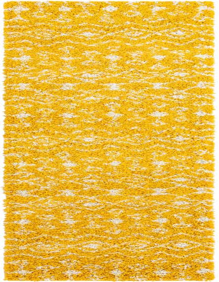 A long yellow and white Moroccan Trellis Shag runner rug with a tribal pattern, suitable for a hallway.