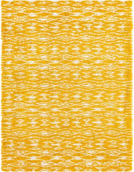 A long 16 ft yellow and white Moroccan Trellis Shag runner rug with a tribal pattern on a white background.