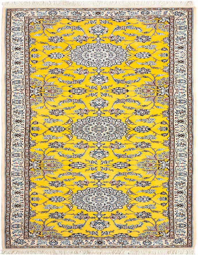 A handmade 10 ft yellow Persian runner rug with intricate floral medallions in blues, creams, and browns, ideal for a hallway.