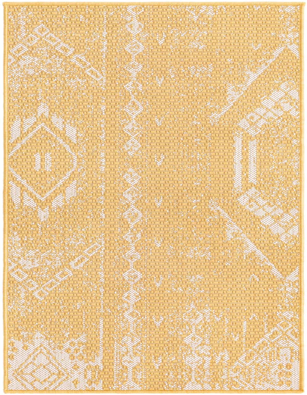 A 4 ft yellow and white runner rug with a distressed traditional and abstract pattern, ideal for hallways or patios.