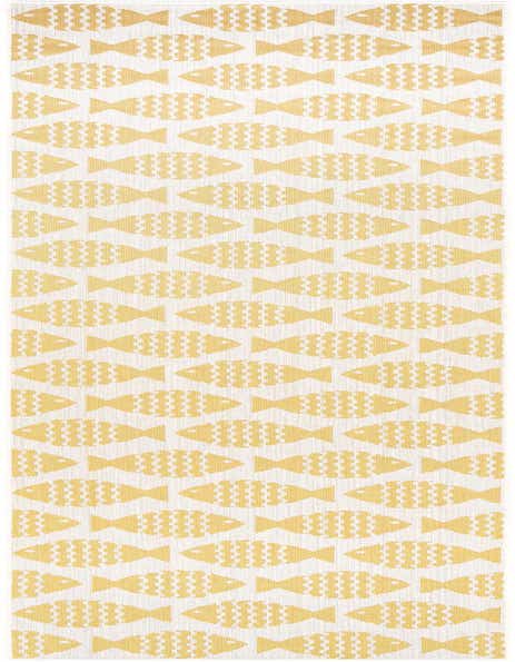 A 12 ft yellow and white runner rug featuring a playful pattern of stylized fish, suitable for a hallway or patio.