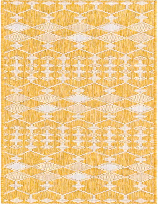 A long 8 ft yellow and white runner rug featuring a modern trellis pattern, suitable for a hallway or patio.