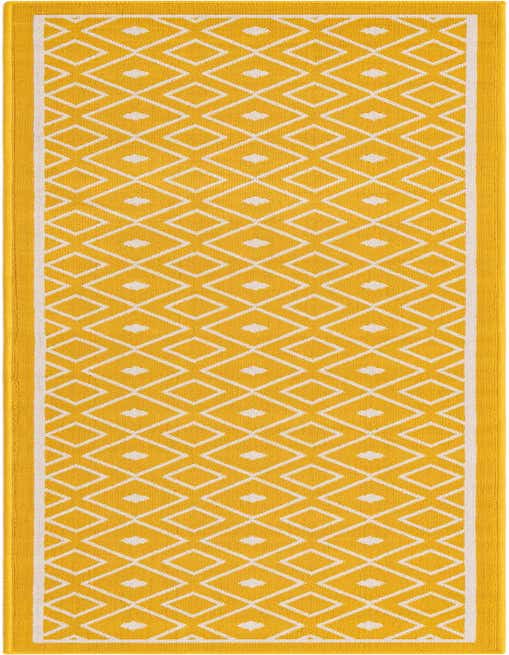A vibrant yellow 8 ft runner rug with a repeating white modern geometric lattice pattern, suitable for indoor or outdoor use.