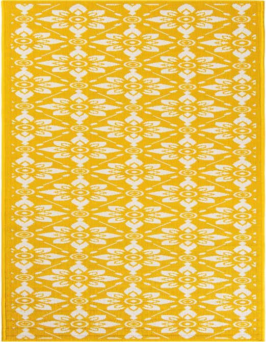 A 10 ft yellow runner rug with a repeating white modern floral lattice pattern, suitable for a hallway or patio.
