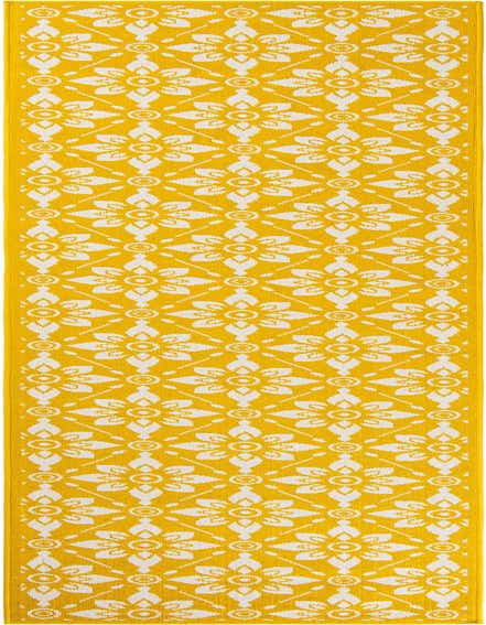 A 12 ft runner rug in bright yellow with a repeating white modern floral lattice pattern, suitable for hallways or patios.