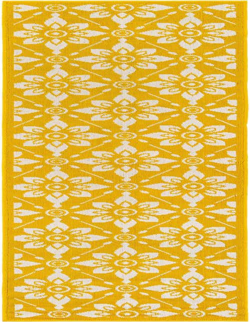 A vibrant yellow 8 ft runner rug with a repeating white modern floral pattern, suitable for a hallway or patio.
