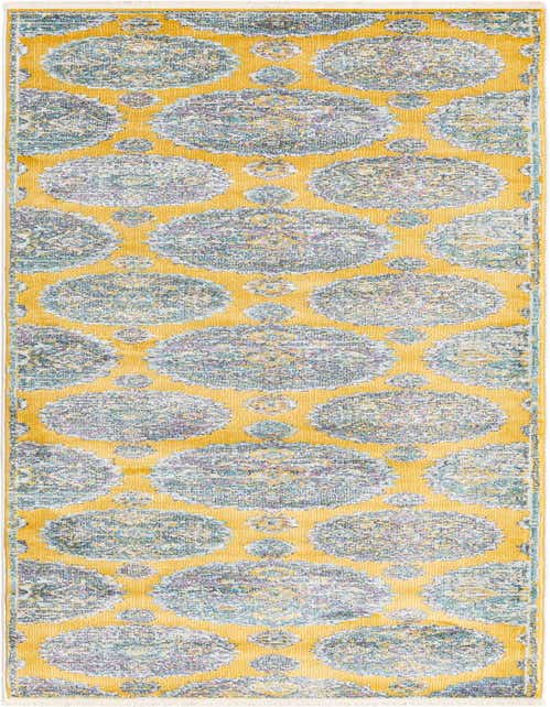 A 10 ft runner rug in yellow with distressed blue, purple, and gold bohemian floral medallions, perfect for a hallway.