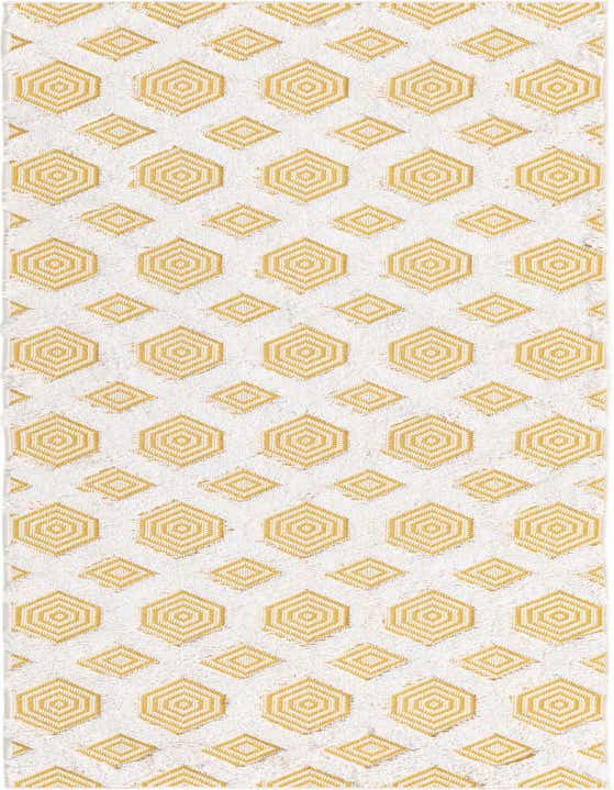 A long 8 ft runner rug featuring a modern abstract pattern of concentric yellow hexagons and diamonds on a white textured background, ideal for a hallway.
