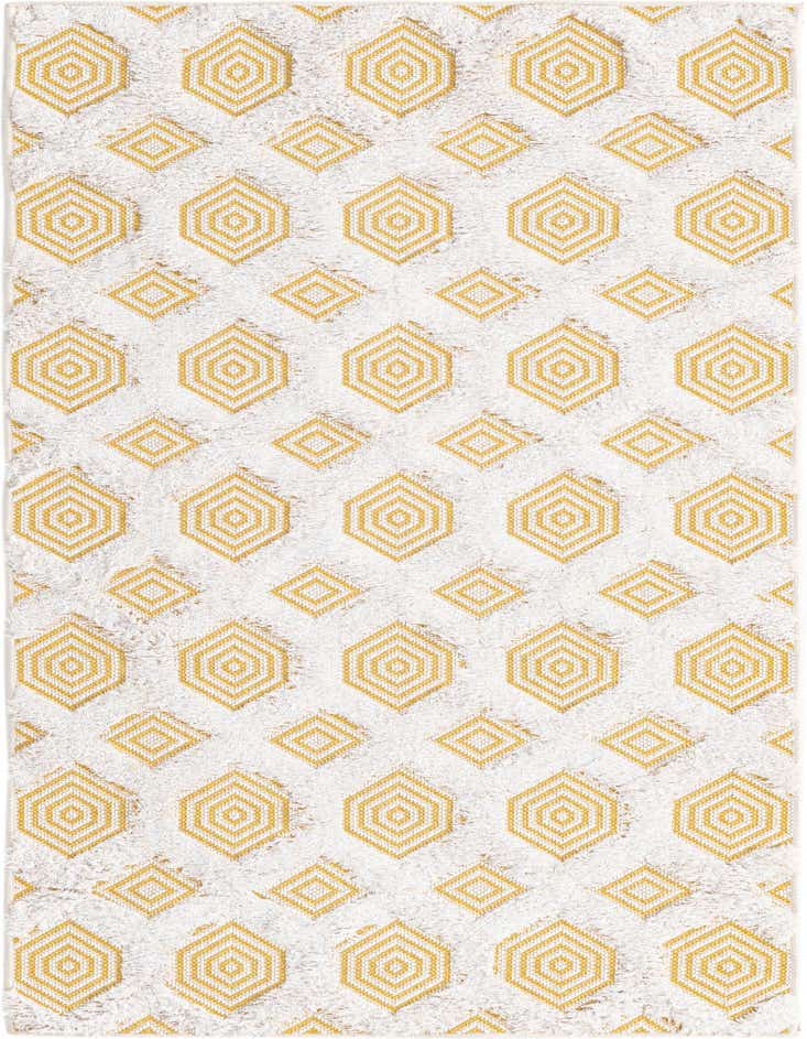 A 6 ft runner rug from the Sabrina Soto Casa collection, featuring a modern abstract pattern of yellow geometric shapes on a textured white background, ideal for a hallway.