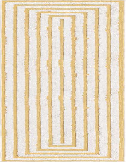 A 12 ft runner rug from the Sabrina Soto Casa collection, featuring a modern yellow and white striped pattern with a textured pile.