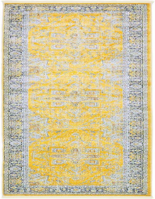 A 10 ft runner rug in shades of yellow and gold with a distressed traditional medallion pattern and a grey border.
