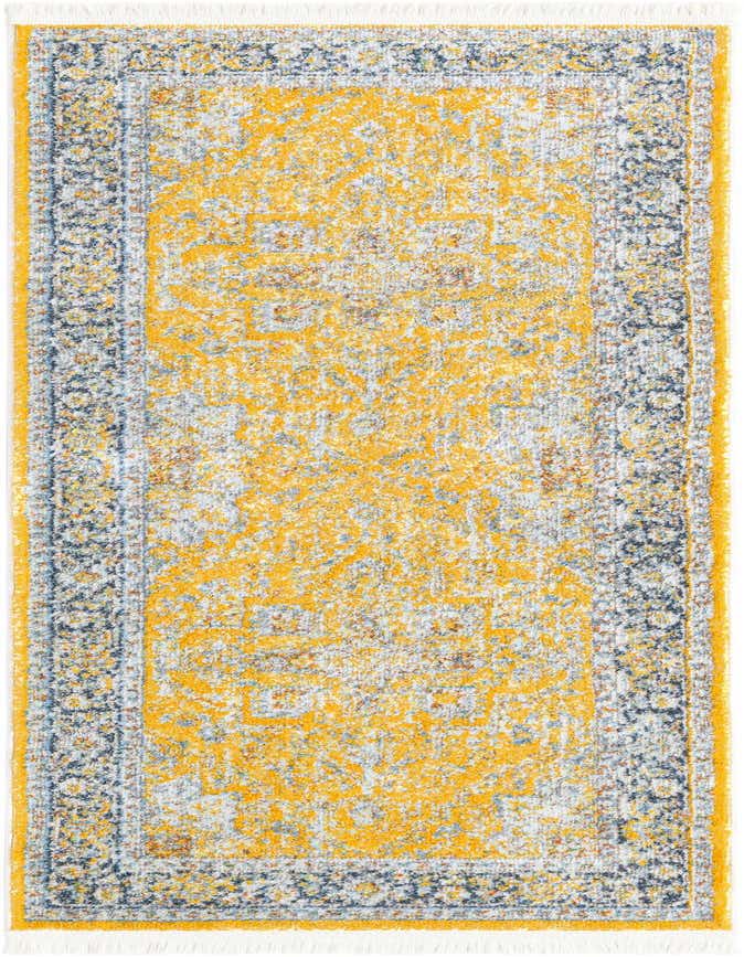 A 6 ft runner rug with a distressed yellow and gray traditional medallion pattern, framed by a dark blue border.