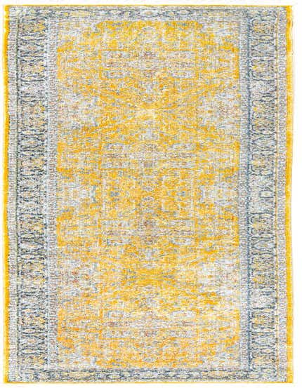 A 12 ft runner rug in shades of yellow and gold with a distressed traditional medallion pattern and a grey-blue border.