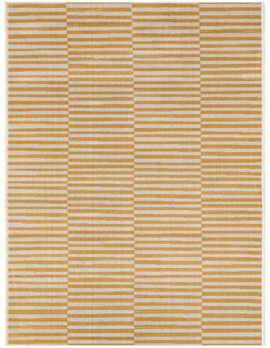 A 10 ft runner rug from the SoHo collection featuring a modern geometric stripe pattern in alternating yellow and off-white horizontal blocks.