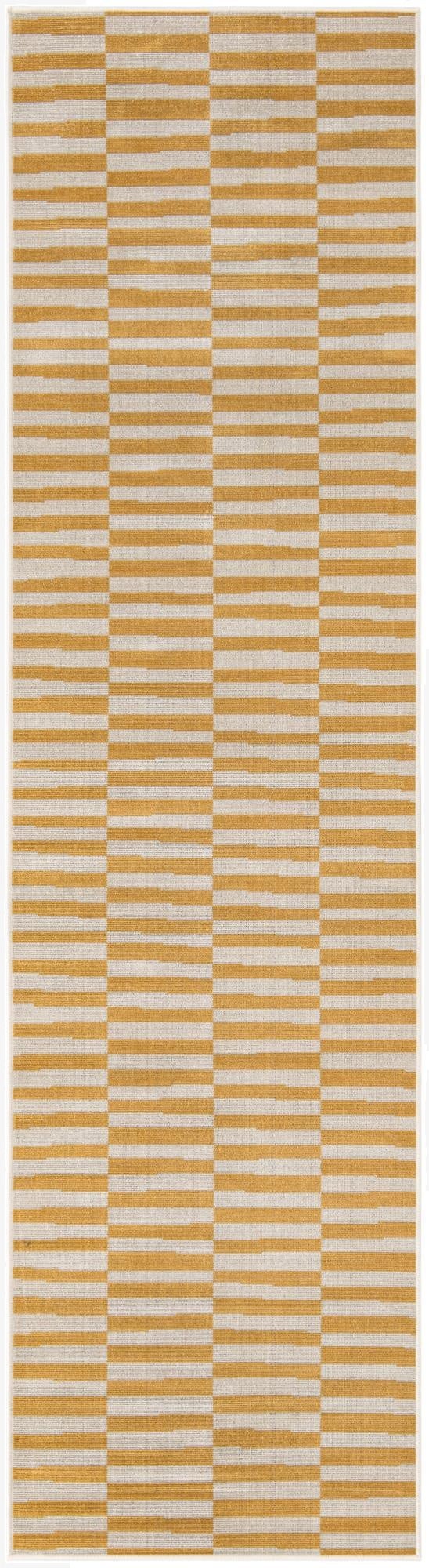 A 10 ft runner rug from the SoHo collection featuring a modern geometric stripe pattern in alternating yellow and off-white horizontal blocks.