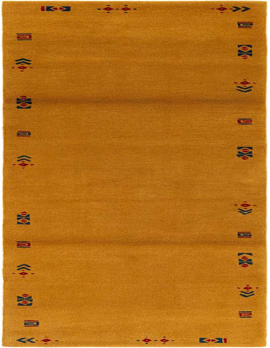 A 10 ft runner rug in a rich golden yellow, featuring a modern abstract pattern with small red and blue geometric motifs along the borders.