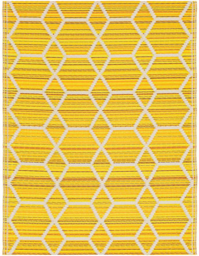 A 6 ft yellow runner rug with a modern geometric pattern of interlocking white hexagons, suitable for indoor/outdoor use.