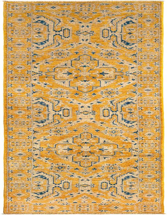 A 10 ft runner rug with a traditional Persian pattern in shades of yellow, gold, and blue, ideal for a hallway.