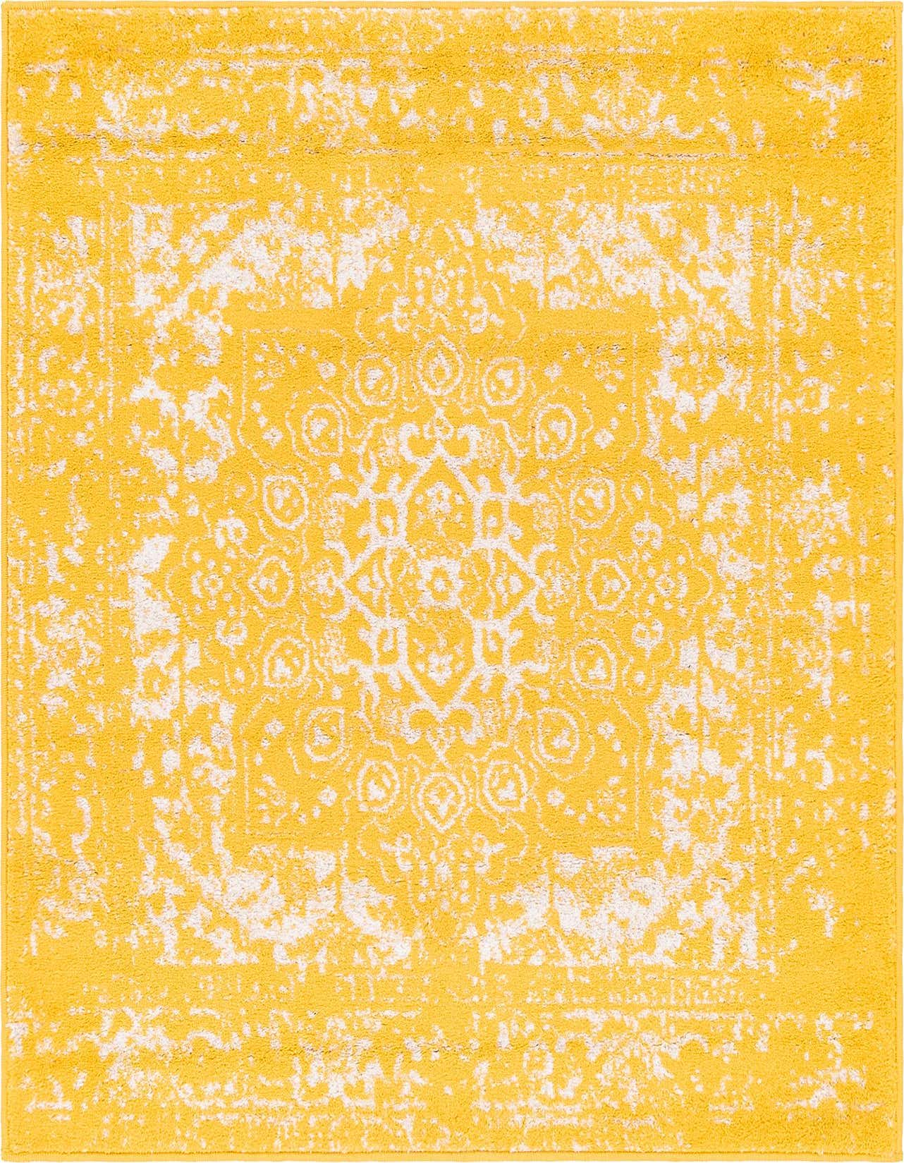 A 4'x4' square yellow and white polypropylene rug with a distressed traditional medallion pattern.