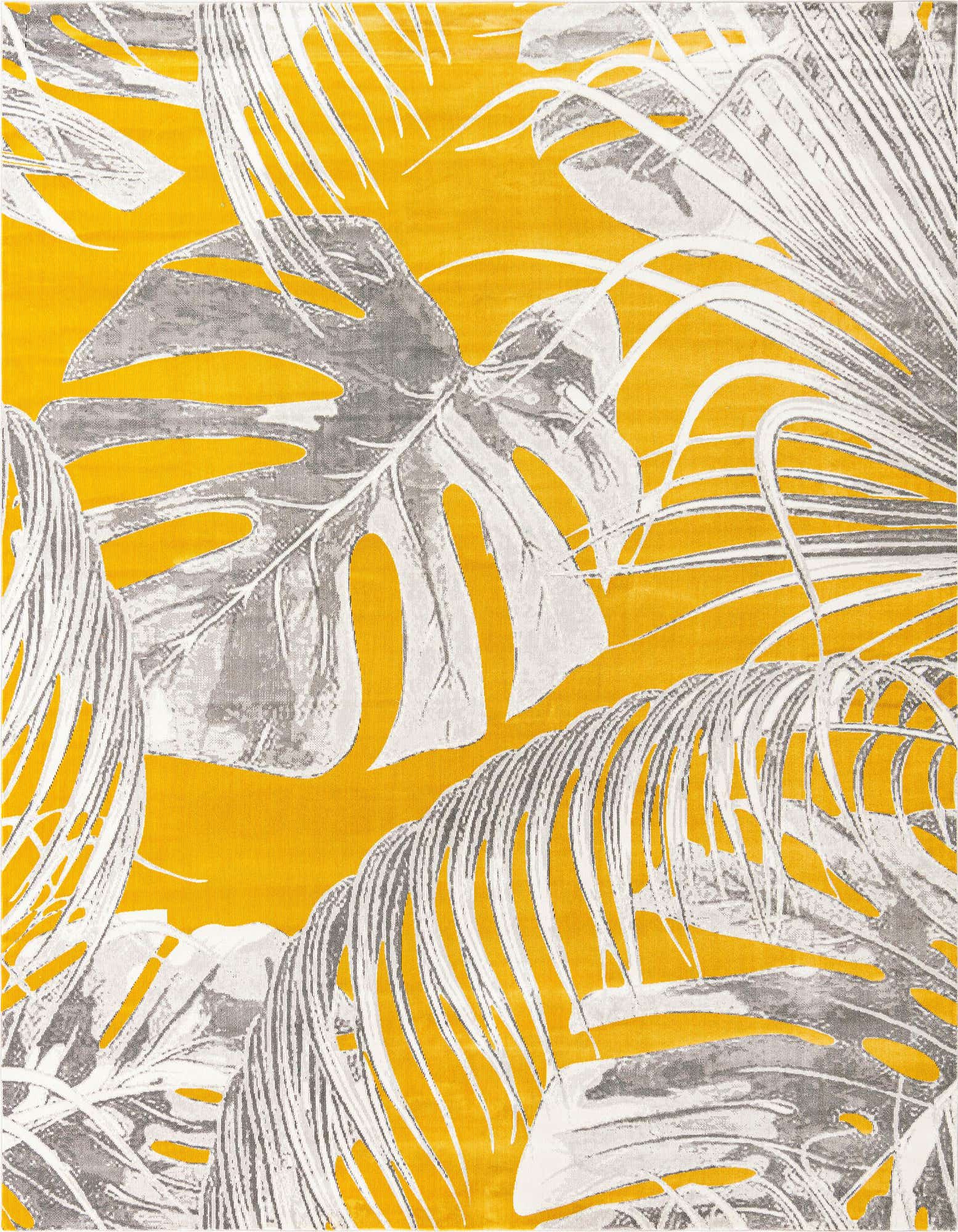 A 10x10 square yellow and gray rug featuring large, modern botanical monstera and palm leaf patterns, suitable for an indoor living space.
