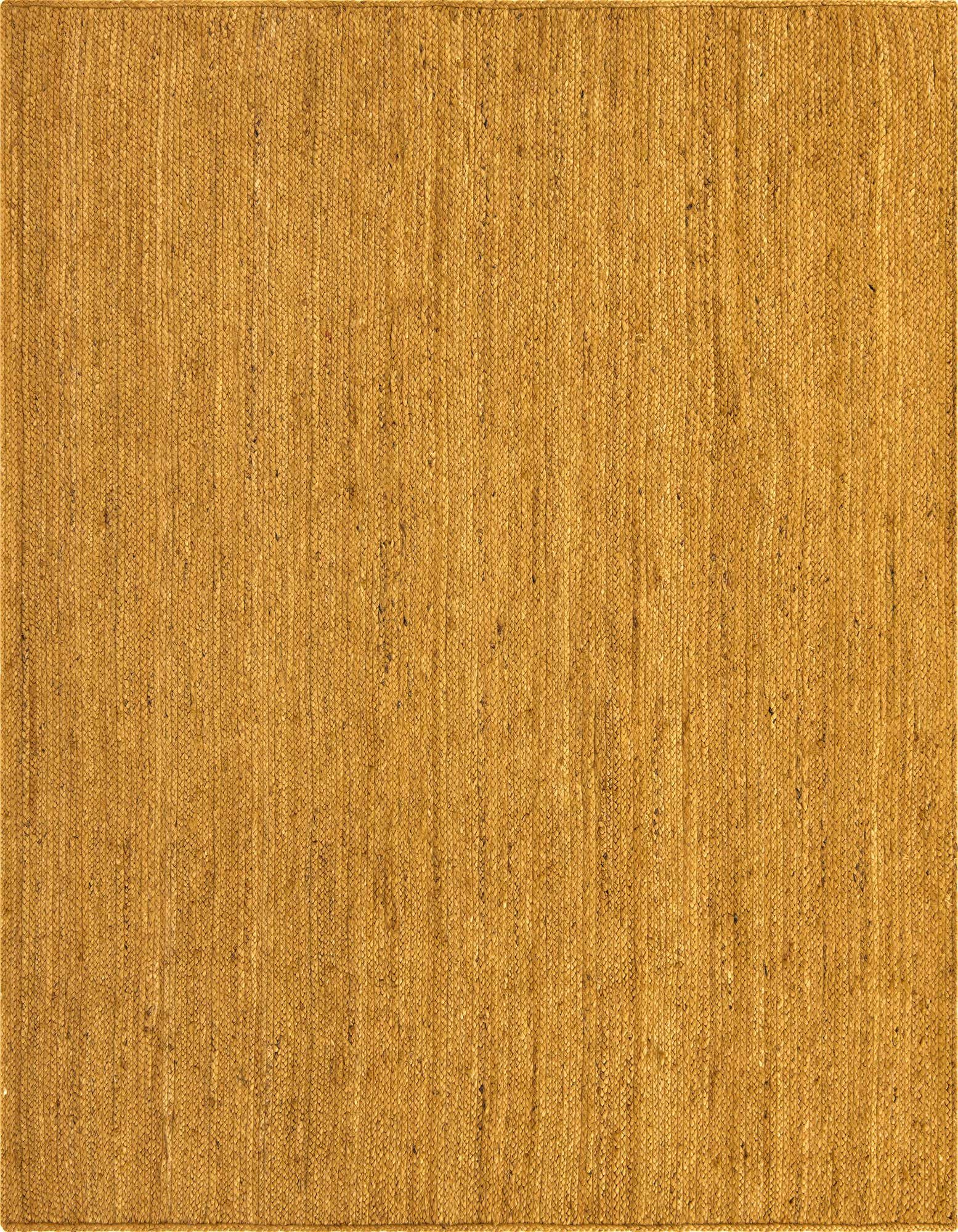A square 8' x 8' yellow gold jute rug with a textured, flatweave construction, ideal for a natural or minimalist indoor space.