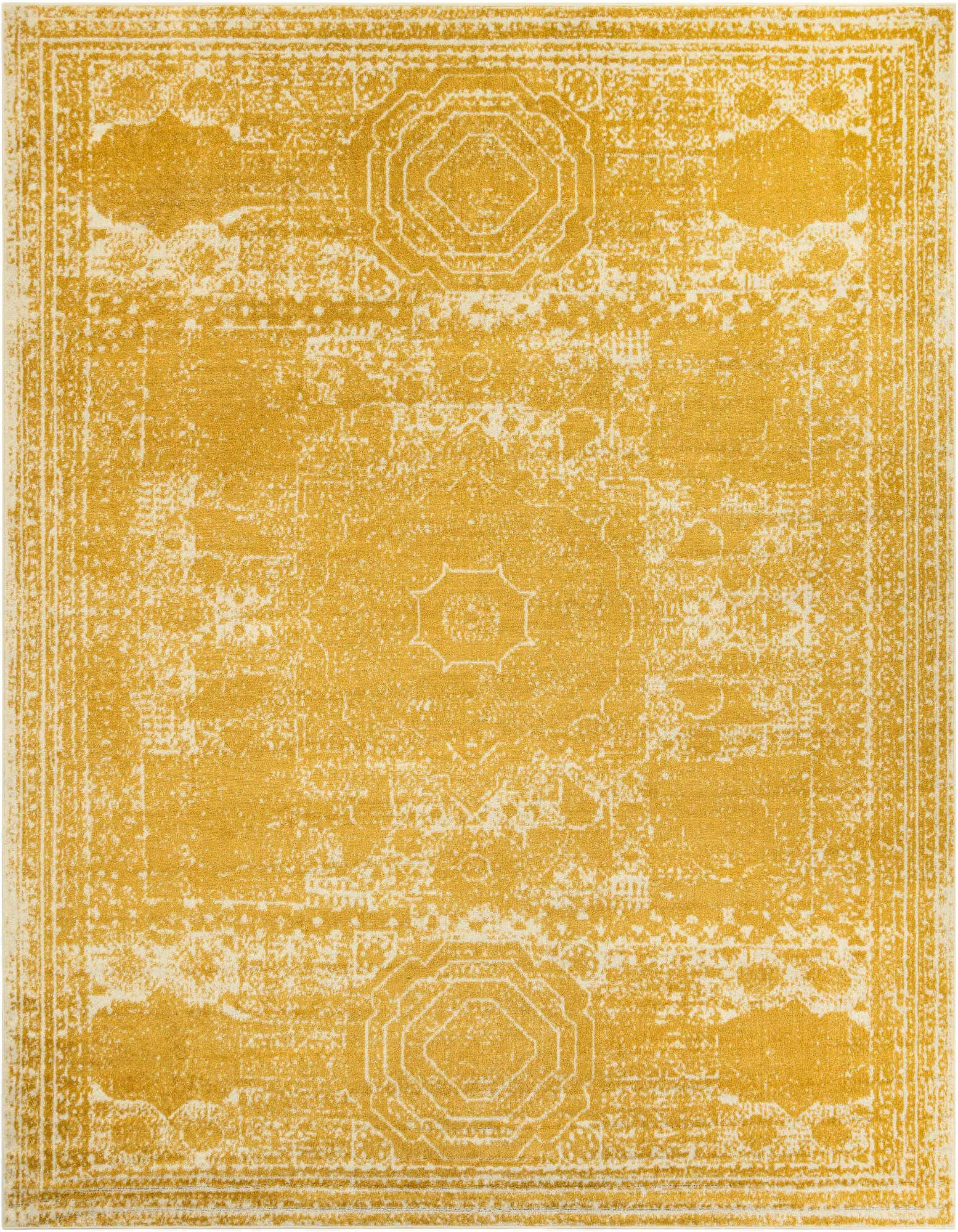 A 12'x12' square yellow and ivory transitional area rug with a distressed medallion pattern.