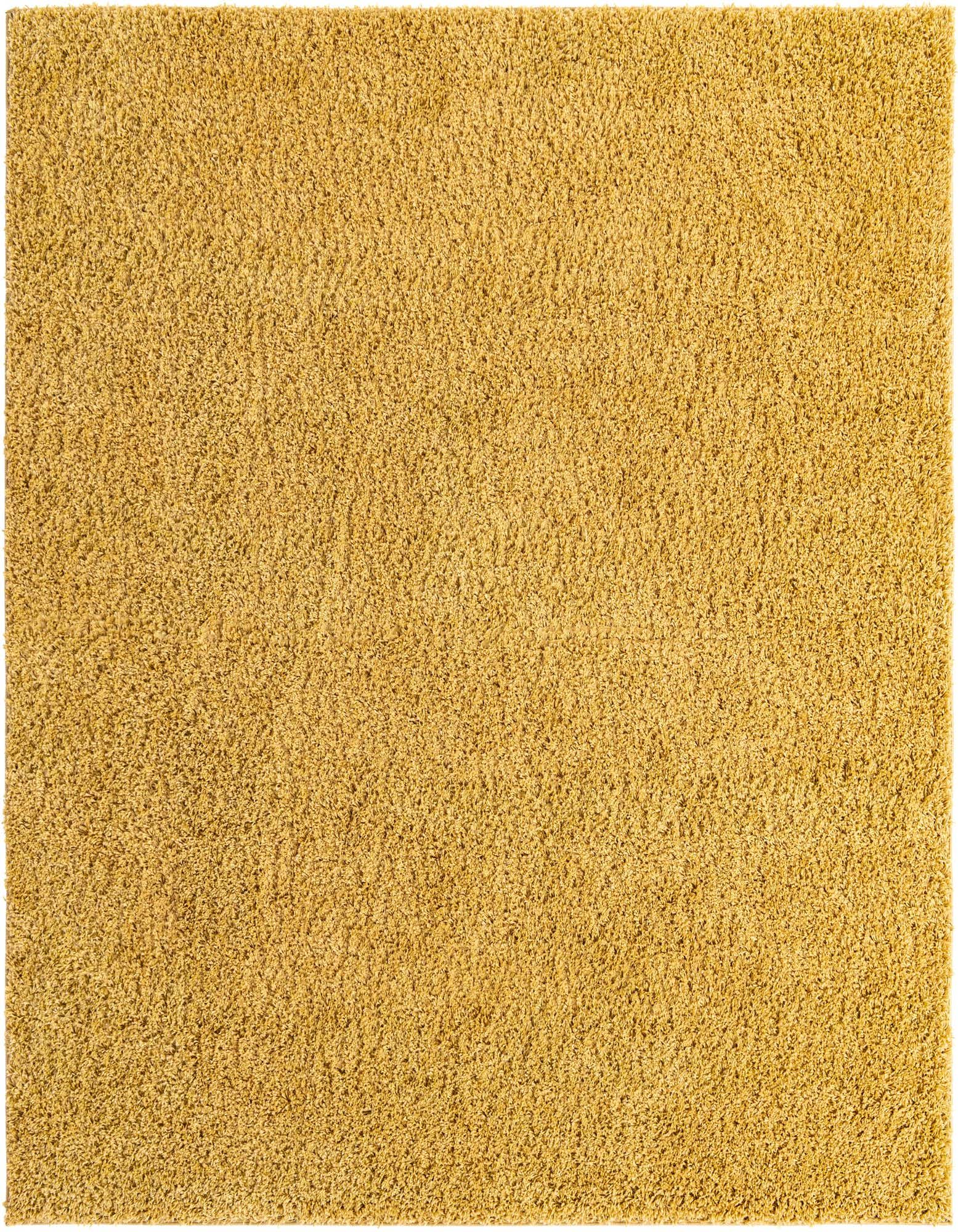 A soft, plush 7' 10 x 7' 10 square yellow shag rug, perfect for adding warmth to any indoor living space.