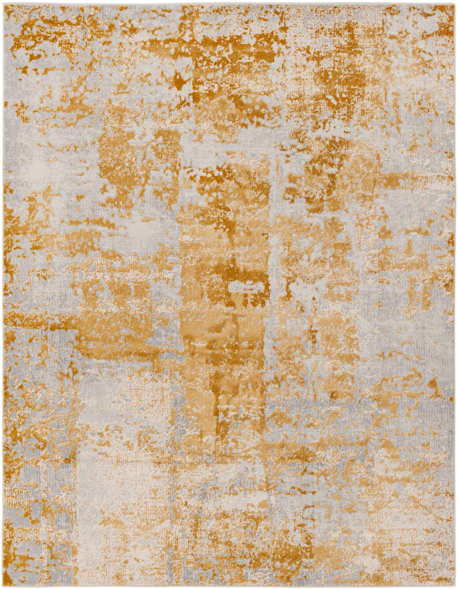 Square area rug with an abstract modern design in varying shades of gold and yellow over a light grey and white background, featuring a high-low textured pile.