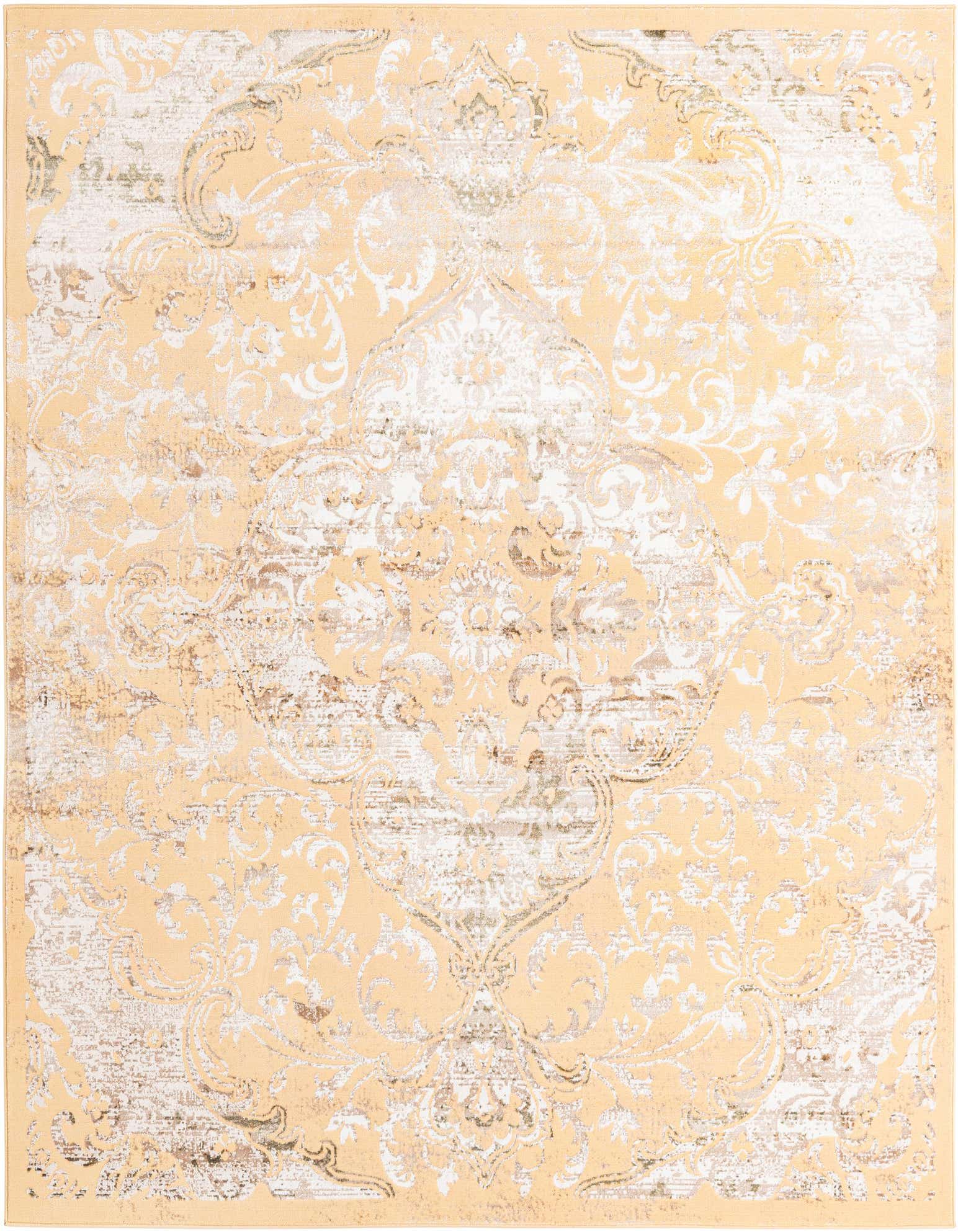 A 7' 10 x 7' 10 square yellow and gold traditional medallion rug with a vintage, distressed look.