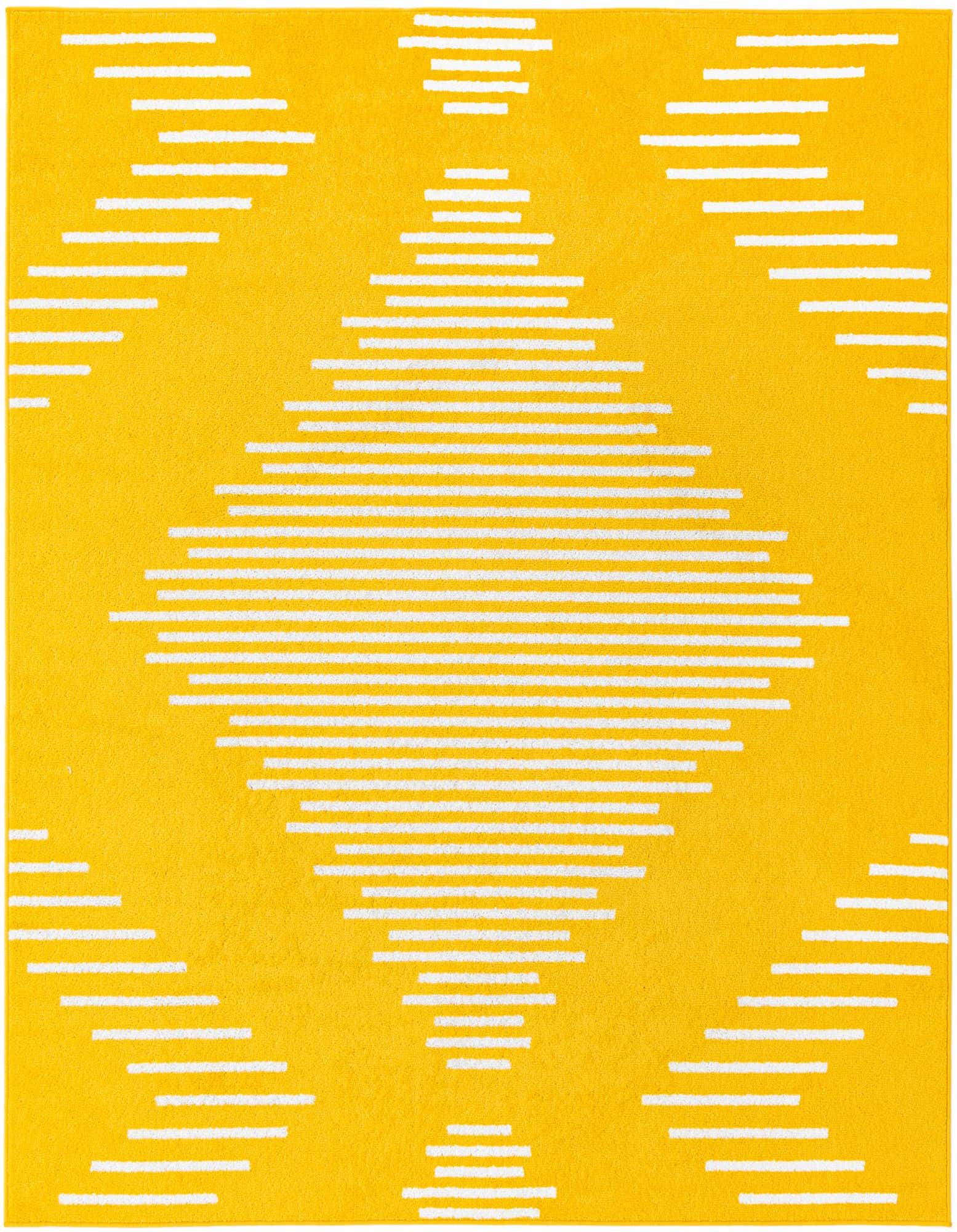 A vibrant yellow square rug with a modern geometric pattern of horizontal white stripes forming diamonds and zigzags.