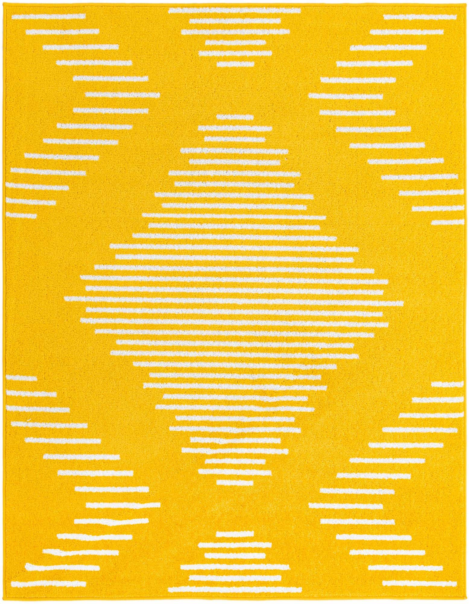 A vibrant 5' 3 x 5' 3 square yellow rug with a modern white striped diamond pattern, suitable for an indoor living space.