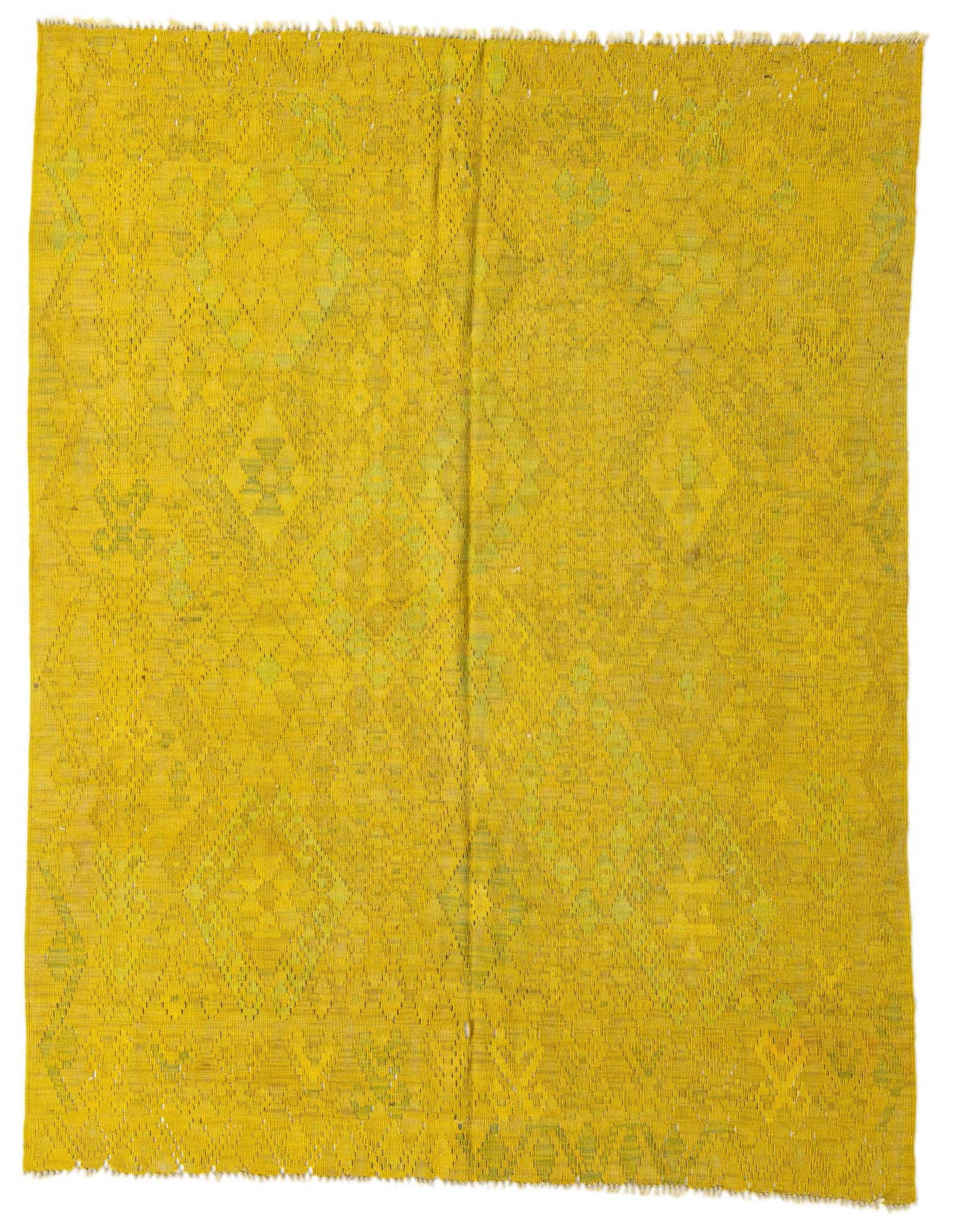 A 5' 4 x 6' 7 square yellow Kilim Fars flatweave rug with a subtle tribal geometric pattern.