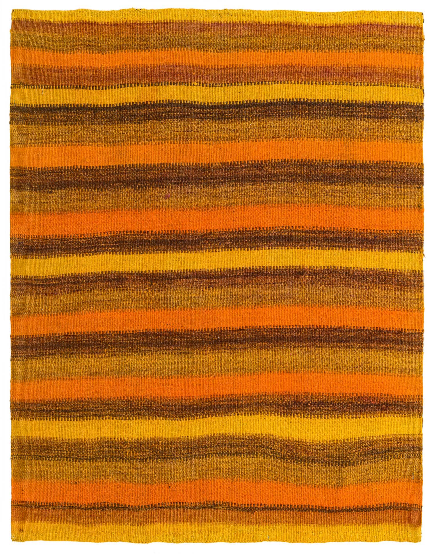 A 3' 7 x 3' 9 square Kilim Fars wool rug featuring horizontal stripes in varying shades of yellow, gold, orange, and brown.