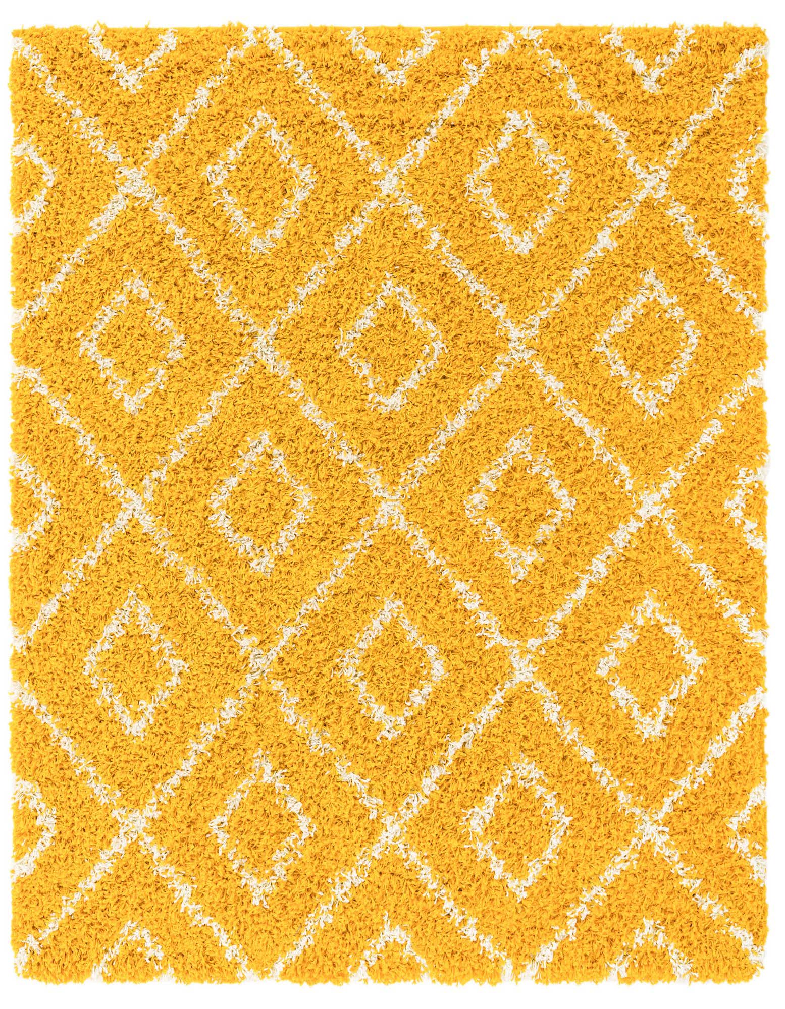 A vibrant yellow 5' 3 x 5' 3 square shag rug with a white modern trellis pattern and textured pile.