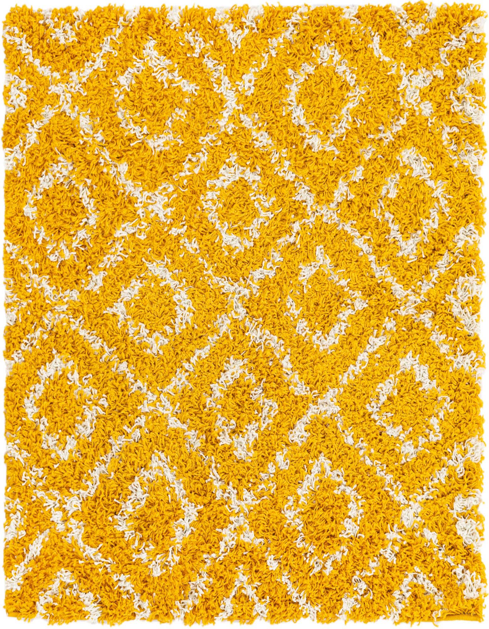 A vibrant yellow and white square shag rug with a modern geometric lattice pattern, featuring a textured high/low pile.