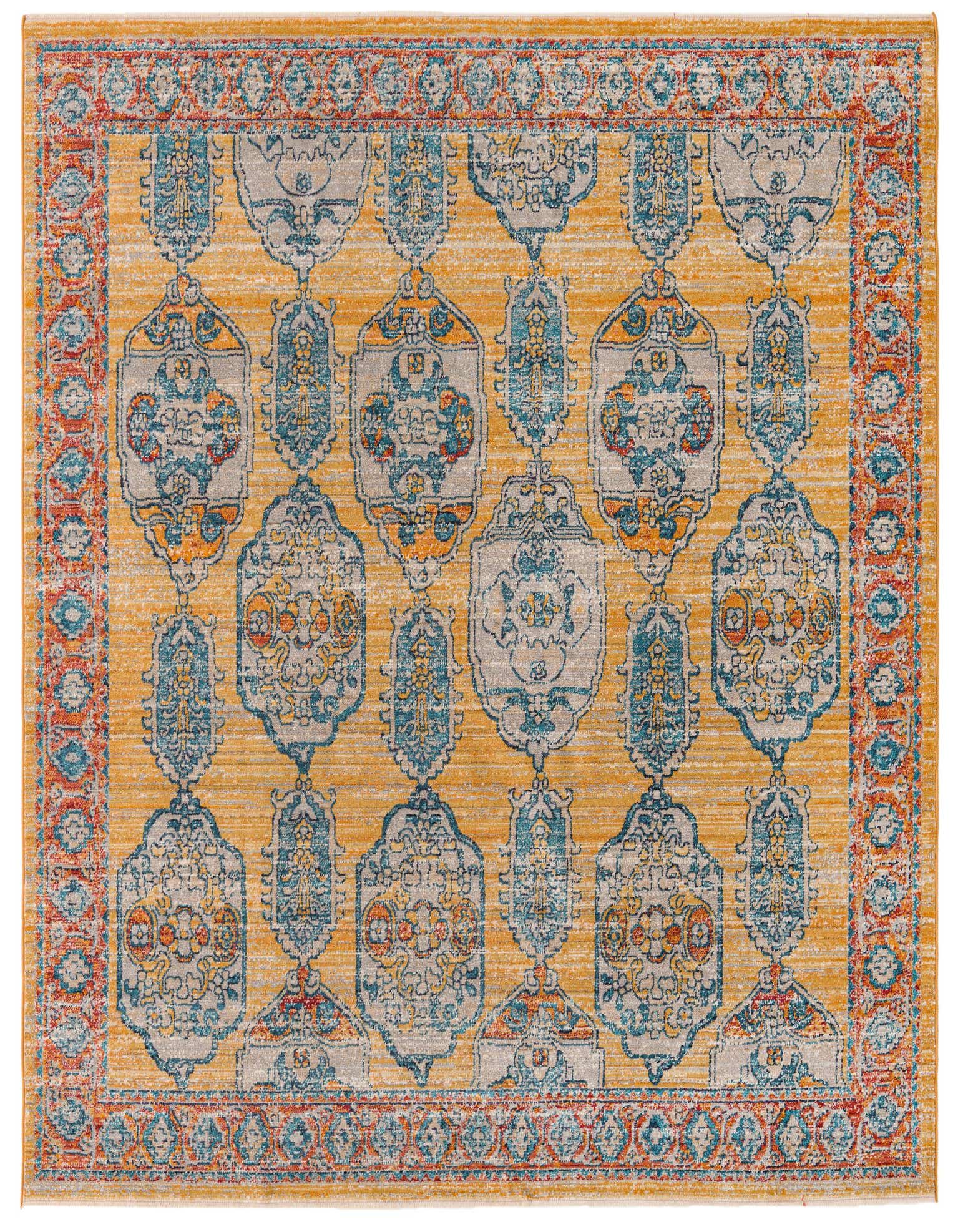 A 7' 10 square Lola rug with a distressed yellow background and an ornate Bohemian and Traditional pattern in teal, orange, and gray.