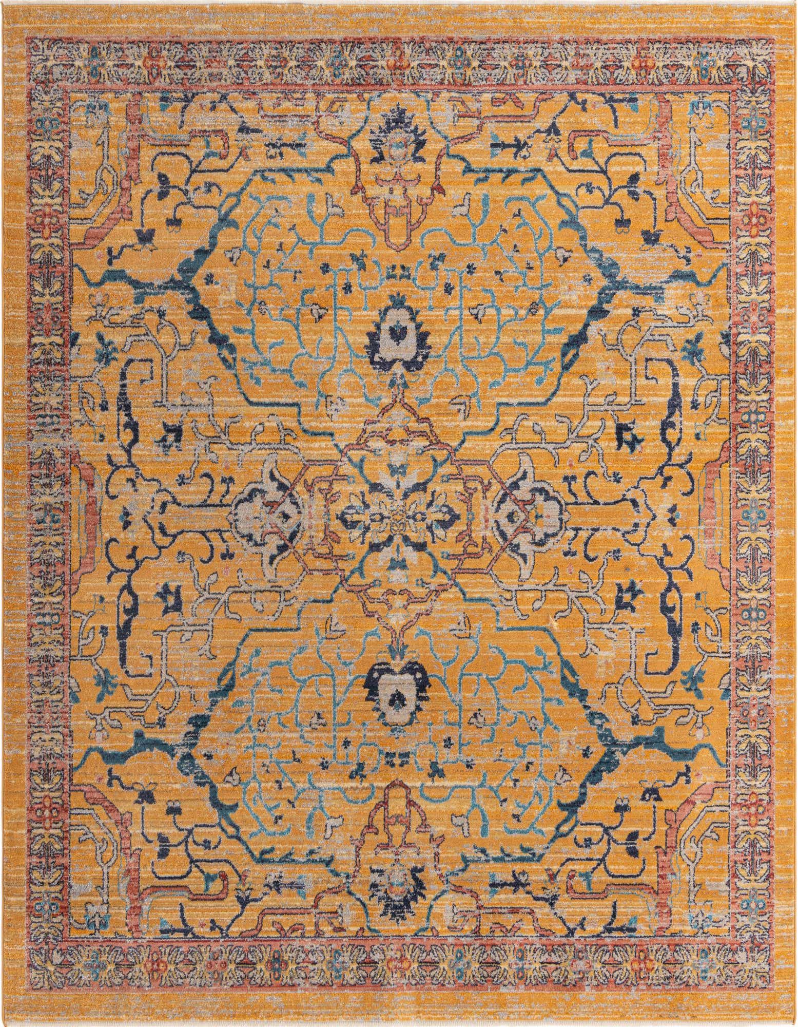 A 7' 10 x 7' 10 square Lola collection rug from Rugs.com with a distressed traditional tribal pattern in yellow, gold, blue, and hints of red.