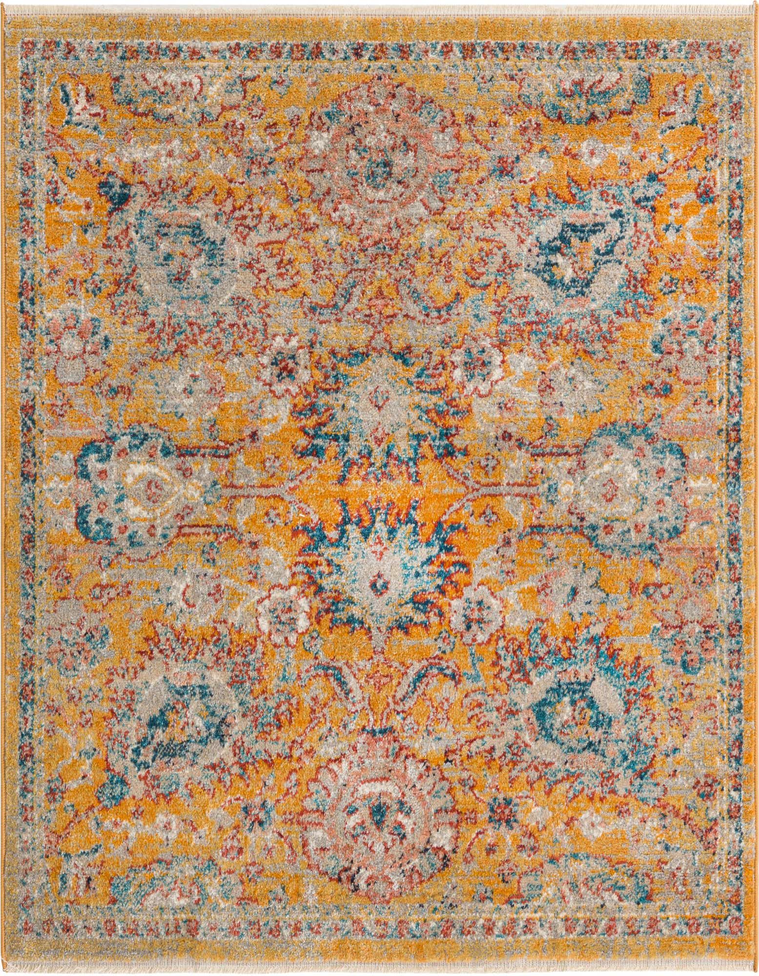 A 4'x4' square Lola Collection rug featuring a distressed traditional floral pattern in yellow, gold, blue, and red.