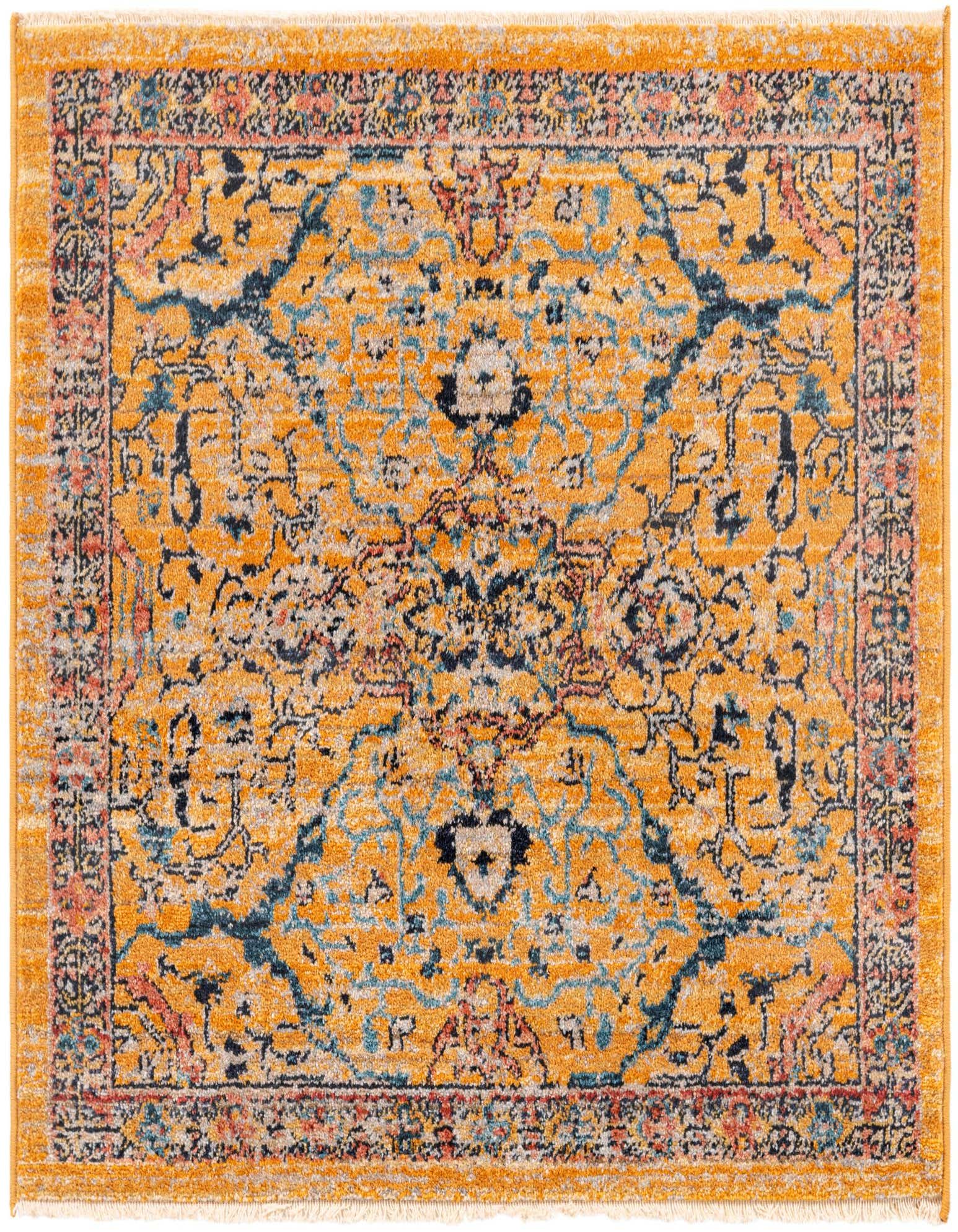 A 3' 3 x 3' 3 square Lola Collection rug by Rugs.com, featuring a distressed yellow and gold background with an intricate blue, red, and black medallion and floral oriental pattern.