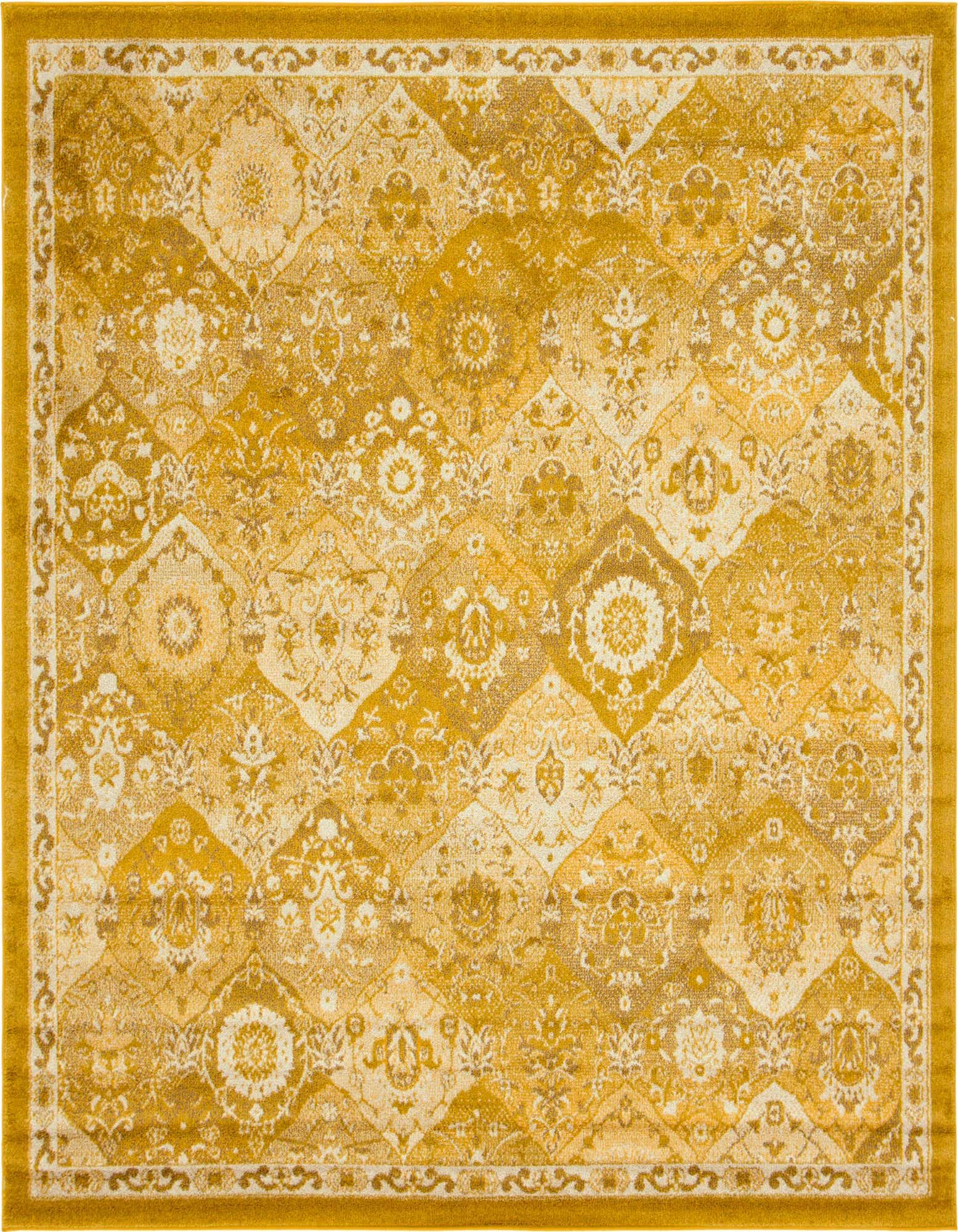A 7' 10 x 7' 10 square Madeline Collection rug featuring a distressed yellow and gold Bohemian trellis pattern.