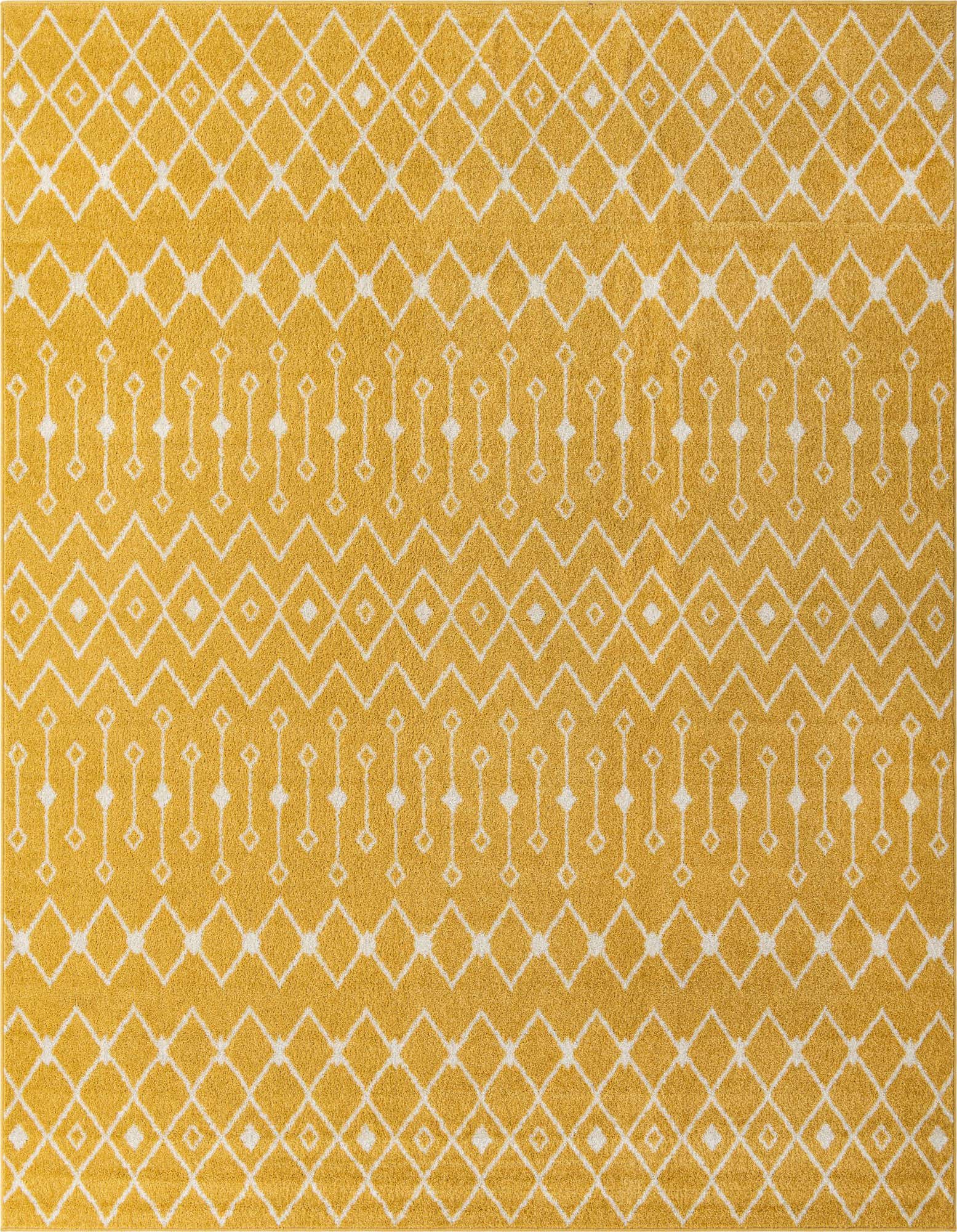 A 10'x10' square yellow area rug with a white bohemian trellis pattern, suitable for a living room or bedroom.