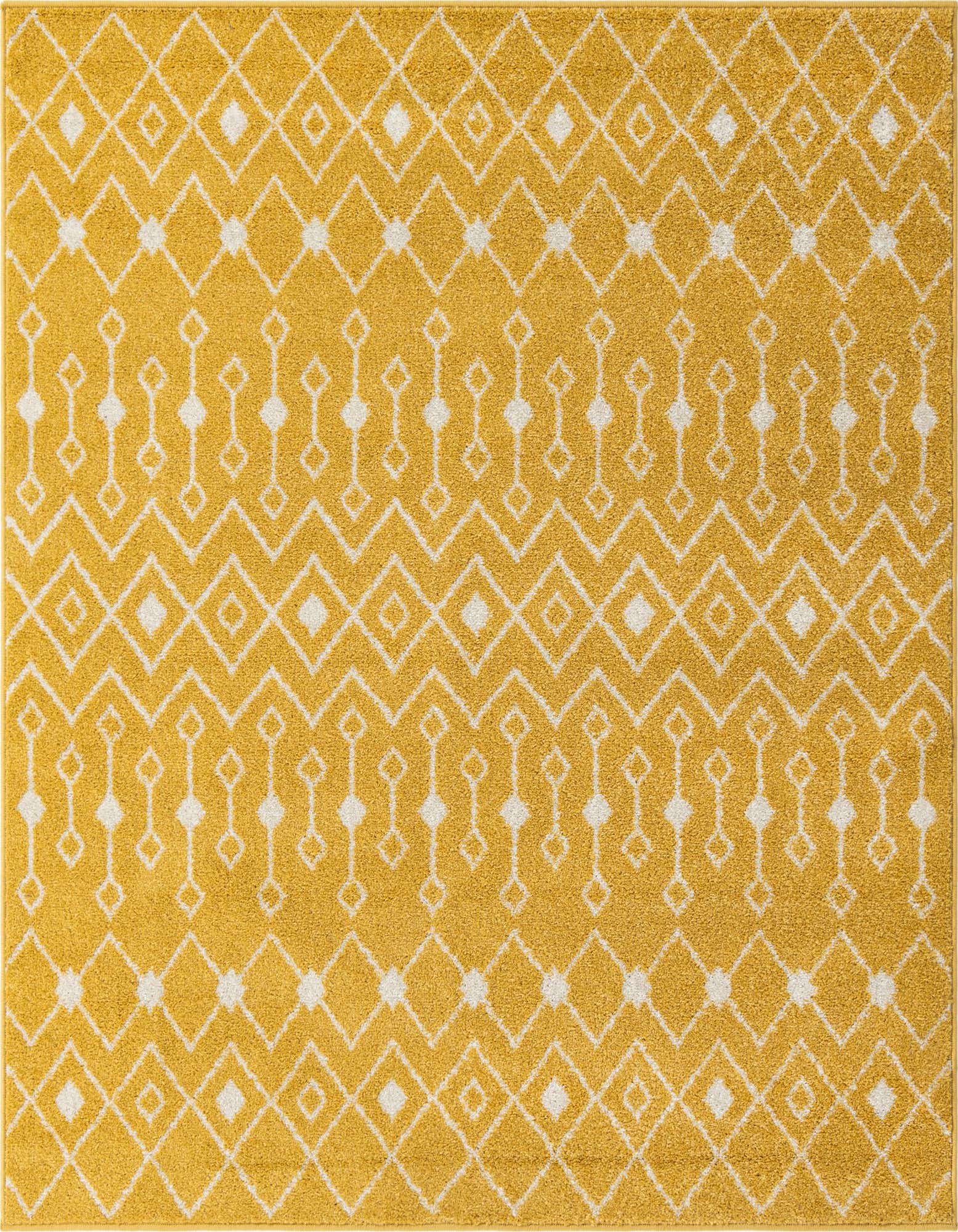 A 6'x6' square yellow area rug with a white geometric trellis pattern, featuring diamonds and vertical dashes.