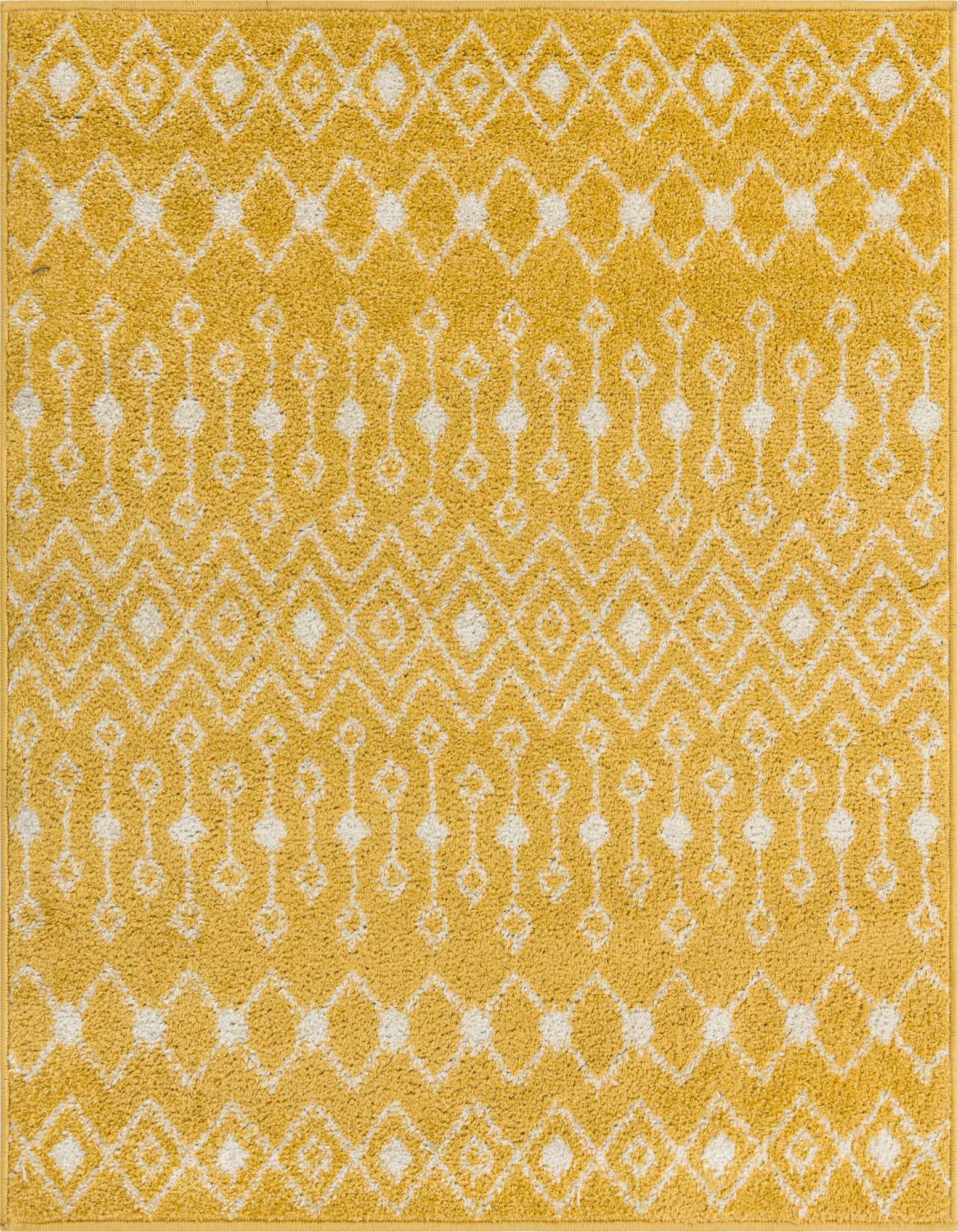 A square yellow and white Bohemian rug with a tribal trellis pattern, featuring diamond and dot motifs.