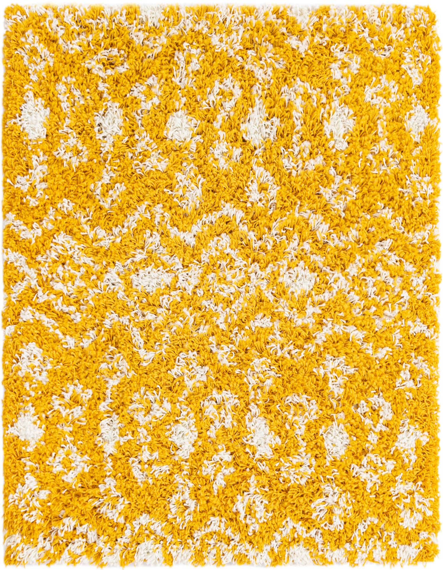 A 3'x3' square yellow shag rug with a modern tribal pattern in off-white, offering a soft texture.