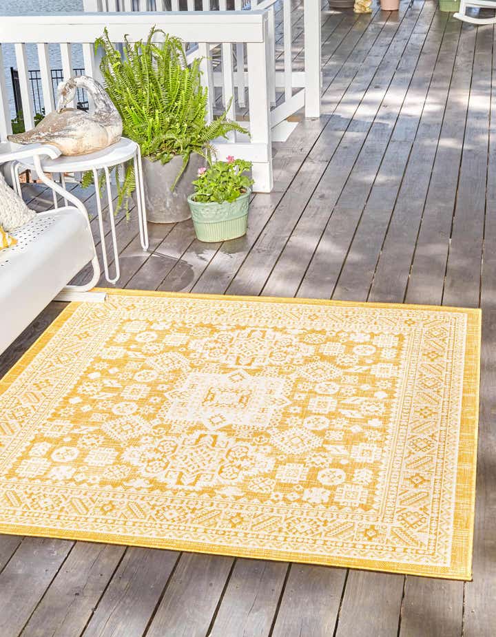 Yellow 10' x 10' Aztec Indoor / Outdoor Square Rug | Rugs.com