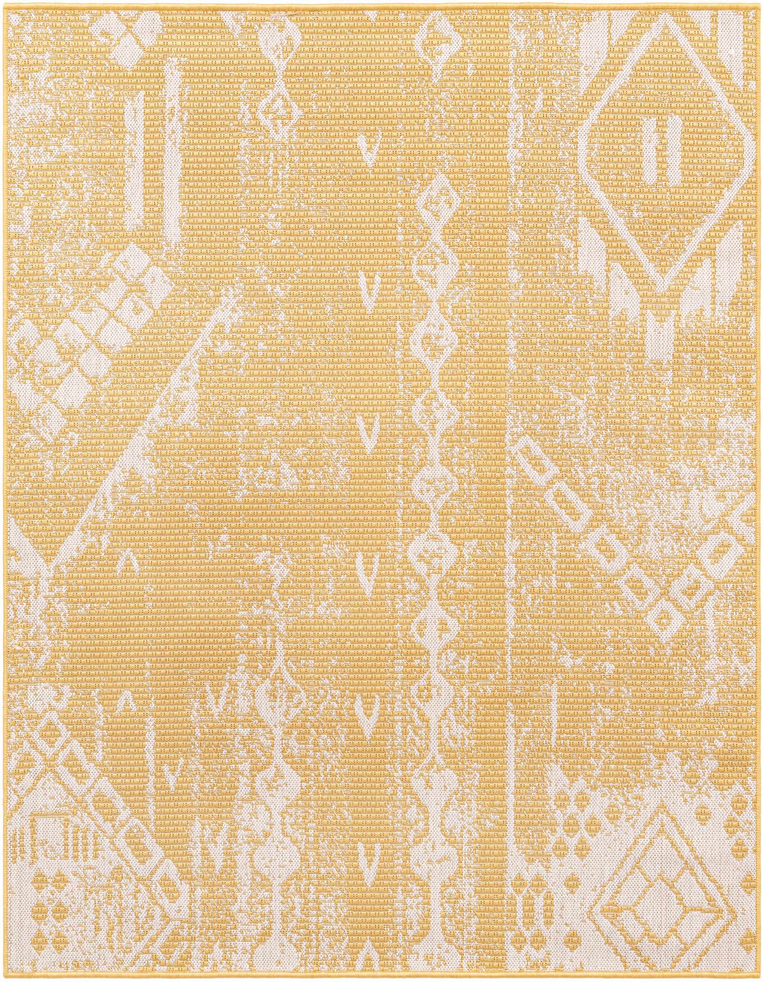 A 5' 3" x 5' 3" square yellow and white modern abstract rug with a textured flatweave.