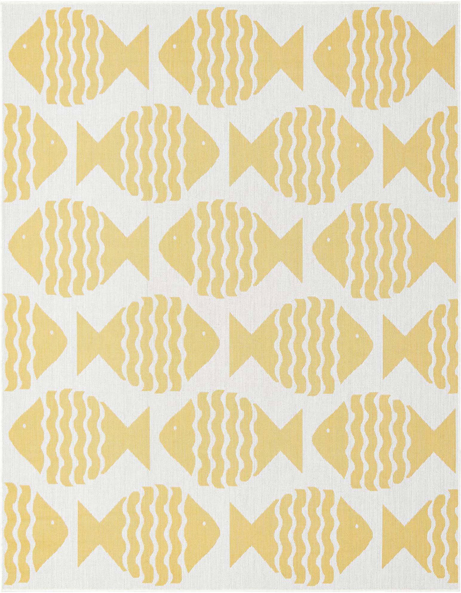 A square yellow and white coastal rug with a repeating pattern of stylized yellow fish on a white background, suitable for a patio.